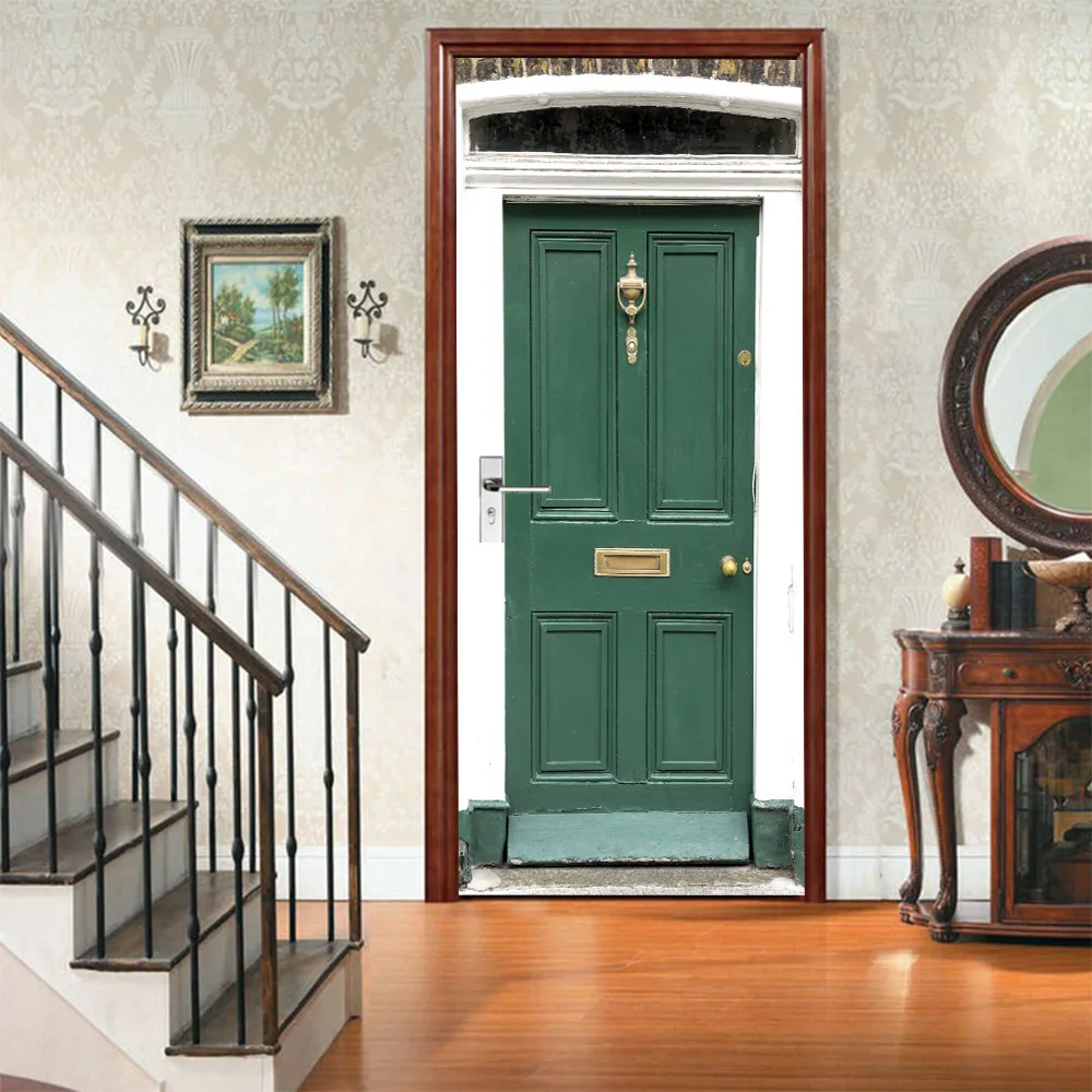 

New European Green Door 3D Door Sticker DIY Mural Selfadhesive Wallpaper Removable Waterproof Poster Stickers Home Decor Decals