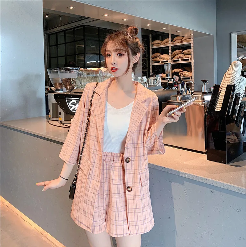 

Kaguster Summer Blazer set Women's suit with shorts Plaid pink Long tute donna two piece set Office Lady womens office sets