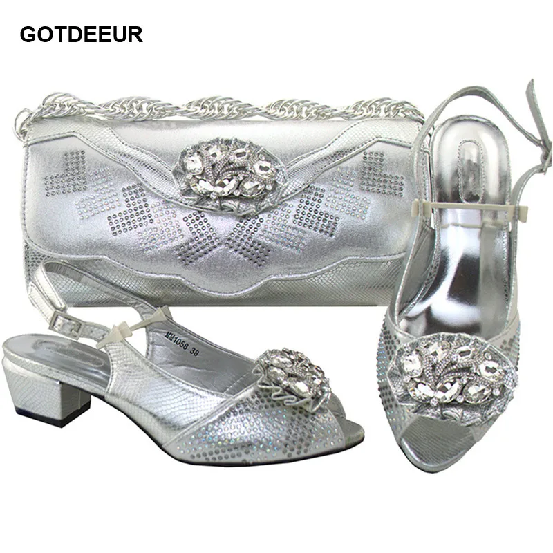 

Latest Sliver Color Italian Shoes with Matching Bags Ladies Shoes with Matching Bags Set Decorated with Rhinestone Party Shoes