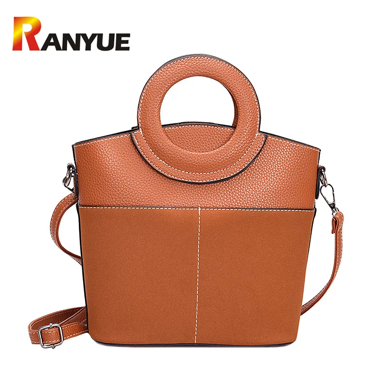 

Circle Handle Handbags Women Large Bucket Shoulder Bag Nubuck+Pu Leather Tote Messenger Bag Fashion Patchwork Top-Handle Bag Sac