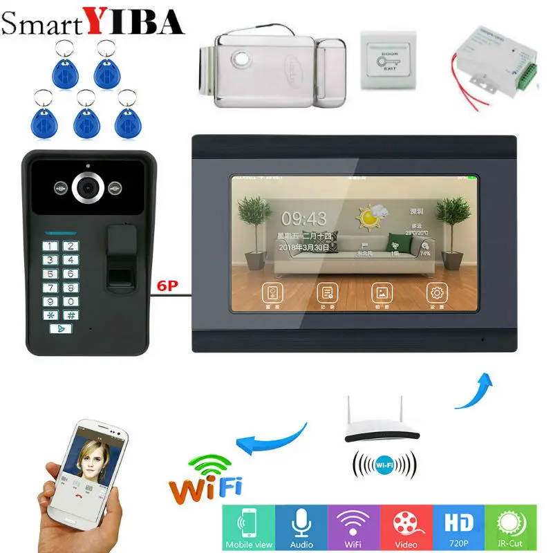 SmartYIBA 7'' Wired Wifi Fingerprint RFID Password Video Door Phone Doorbell Intercom Entry System with Door Lock Power Supply SmartYIBA 7'' Wired Wifi Fingerprint RFID Password Video Door Phone Doorbell Intercom Entry System with Door Lock Power Supply