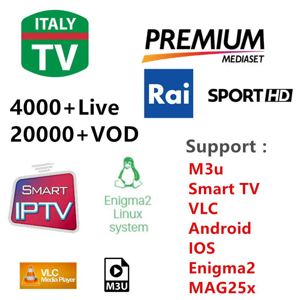 3/6/12Months 4000 Live TV IPTV M3U ENIGAM2 Androd IPTV ITALY Albania German Spain UK Italia Mediaset PREMIUM Subscription IPTV