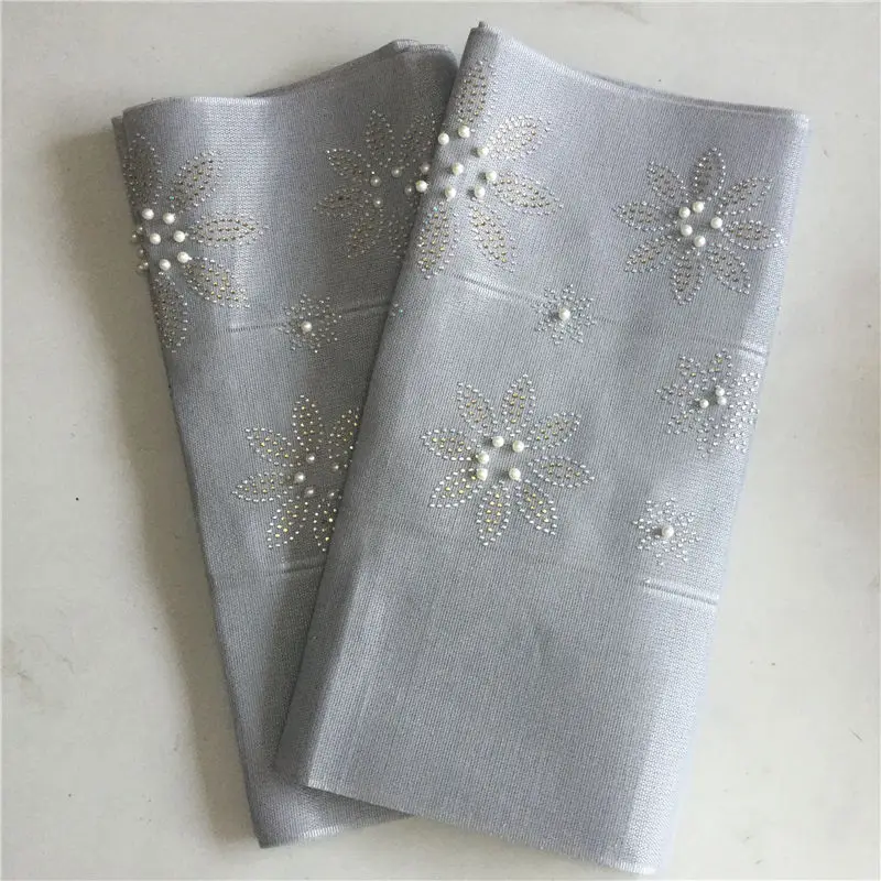 

silver grey ASOOKE pattern aso oke headtie with stones and beads hot selling fashion design stones headtie gele 2018 new design