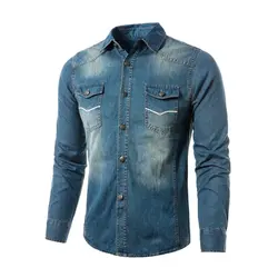 Новый синего джинсового цвета рубашка Для мужчин CHEMISE Homme осень 2017 г. мода карманные Для мужчин S Slim Fit с длинным рукавом Жан Рубашки Camisa masculina
