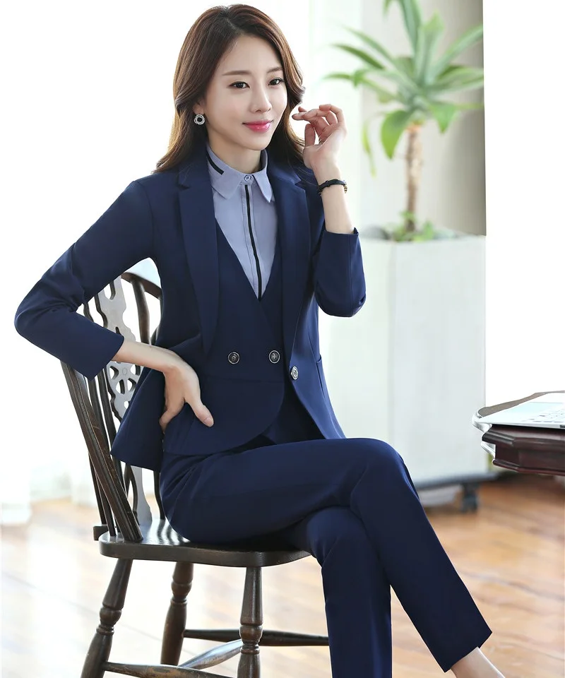 Formal Blue Blazer Women Suits with Pant + Jacket + Waistcoat 3 Piece