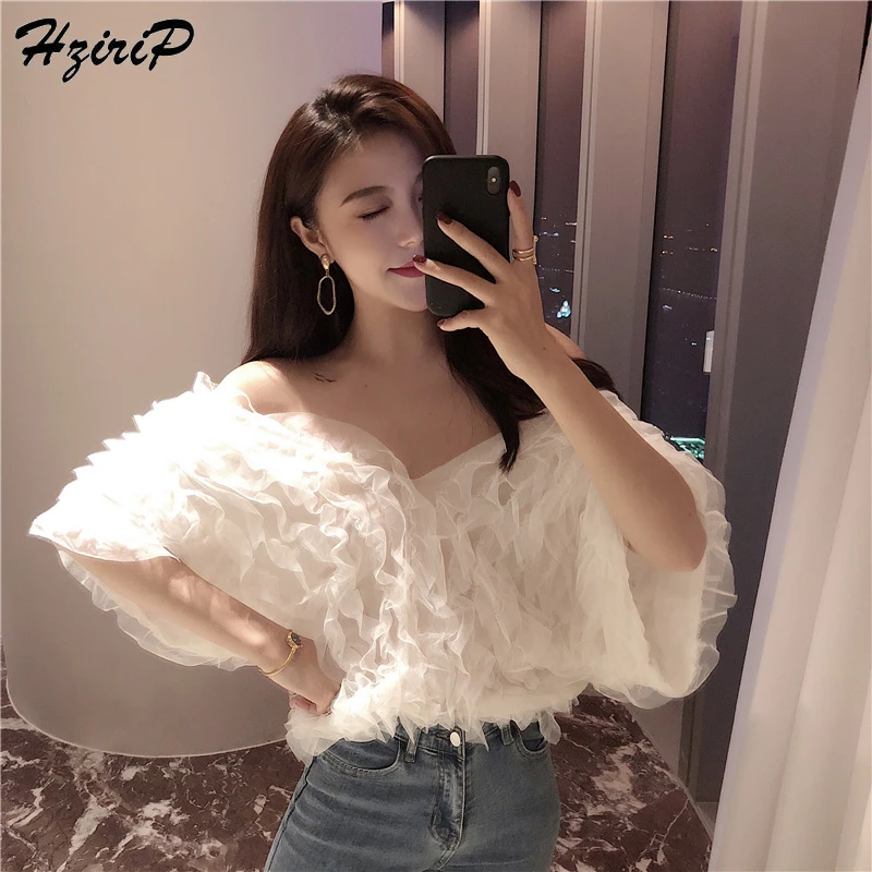 

HziriP Women T-Shirts Flare Sleeve Tops V-neck Elegant Casual Fashion Mesh Fabric Tee Short Female Summer T-shirt Woman Clothes