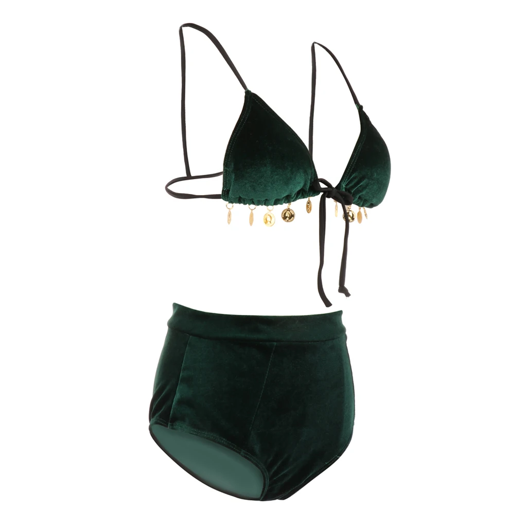Velvet Two Piece Swimsuit Push up Bikini Set Green Bathing Suit Padded Summer Beachwear for Women Ladies