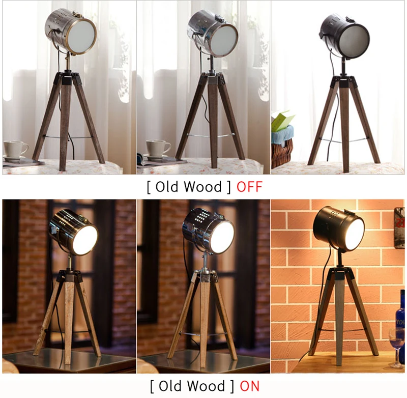 Horsten European Vintage Retro Wood Tripod Table Lamp Spotlight Lamps Photography Desk Lights Stand Creative Living Room 220V (5)