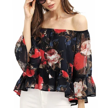 

Womens Blouse Chiffon Flower Black Slash Neck Floral Prints Casual Summer Short Tops Shirts Sexy Off-Shoulder Flare Sleeve Q4427