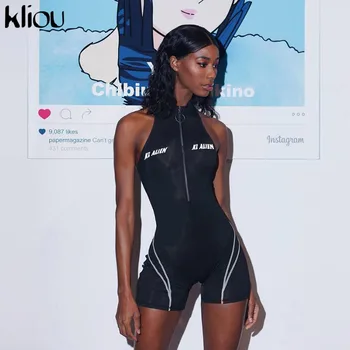 Kliou 2019 נשים כושר Playsuits שרוולים גולף רוכסן לטוס מכתב הדפסת טלאי בגד גוף ספורט סקיני תלבושות
