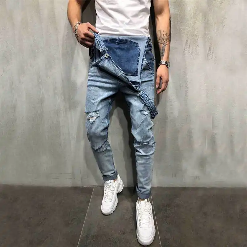 De Moda De Vaquero Para Hombre Jeans Overoles Pantalones Agujero