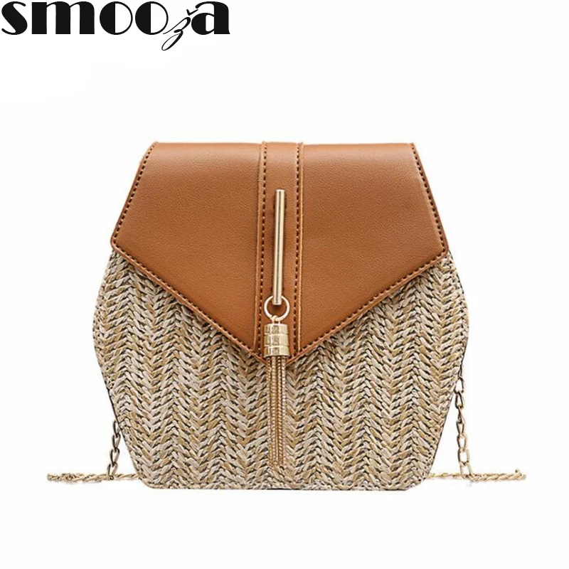 

SMOOZA Chic Small Straw Women Bag Ladies Chain Shoulder Bags Handmade Beach Crossbody Bags Female Tassel Handbag Kniting Tote Pu