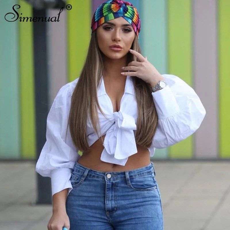 Simenual Fashion Bandage Pink Shirts Women Long Sleeve Cropped Blouses 2019 Autumn Deep V Neck Sexy Hot Blouse Shirt Ladies Slim