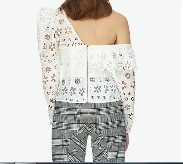 Elegant Casual flounced Dip Hem Top Crochet Irregular Hollow Out flower long sleeve Blouse