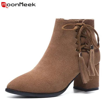 

MoonMeek 2020 fashion autumn winter boots woman pointed toe boots ladies suede leather ankle boots