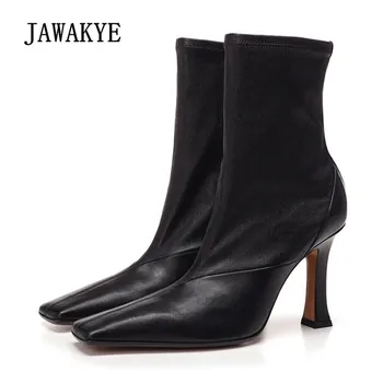 

2018 Chic Duckbill Ankle Boots Woman Square Toe Green Suede Black Red Leather Patchwork Strange High Heel Boots