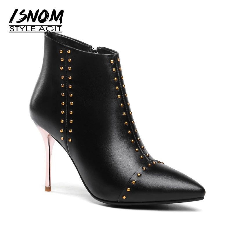 ISNOM Autumn Cow Leather Women Ankle Boots Stud Boot Pointed Toe Party Ladies Shoes High Heels Zip Black Footwear Big Size 32-45 | Обувь