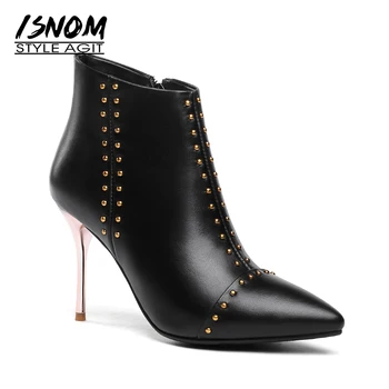 

ISNOM Autumn Cow Leather Women Ankle Boots Stud Boot Pointed Toe Party Ladies Shoes High Heels Zip Black Footwear Big Size 32-45