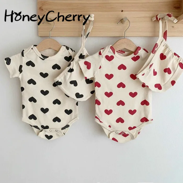 

Summer romper 2019 New Girl Baby Peach Heart Short Sleeve Button Hat-shirt Baby Cotton Linkage Climbing Suit