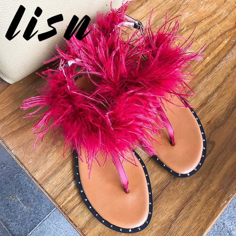 

LISN New Genuine Leather Real Fur Summer Sandals Open Toe Pink Black Buckle Strap Flats Sandals Shoes Women