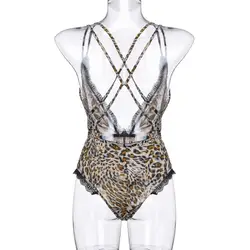 Боди Новый Для женщин кружева с леопардовым принтом Летняя Сексуальная женская пижама крестообразная шнуровка плотно боди из полиэстера