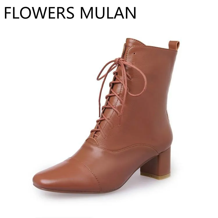 

Black Brown White Leather Fashion Ankle Boots For Women Chic Square Toe Chunky Heel Zapatos De Mujer Cross Tied Shoes Woman