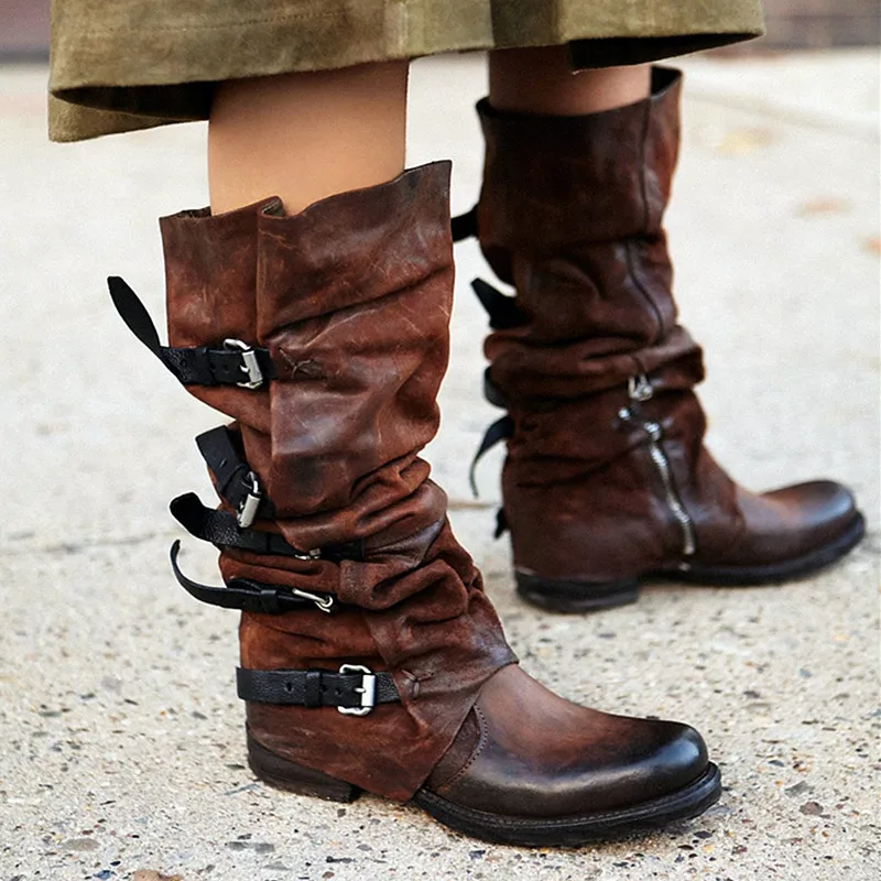 flat boots with buckles for womens