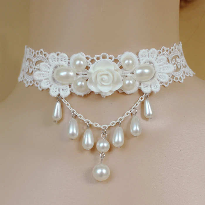 Newest Fashion Manual Bridal White Lace Choker / Imitation Pearl