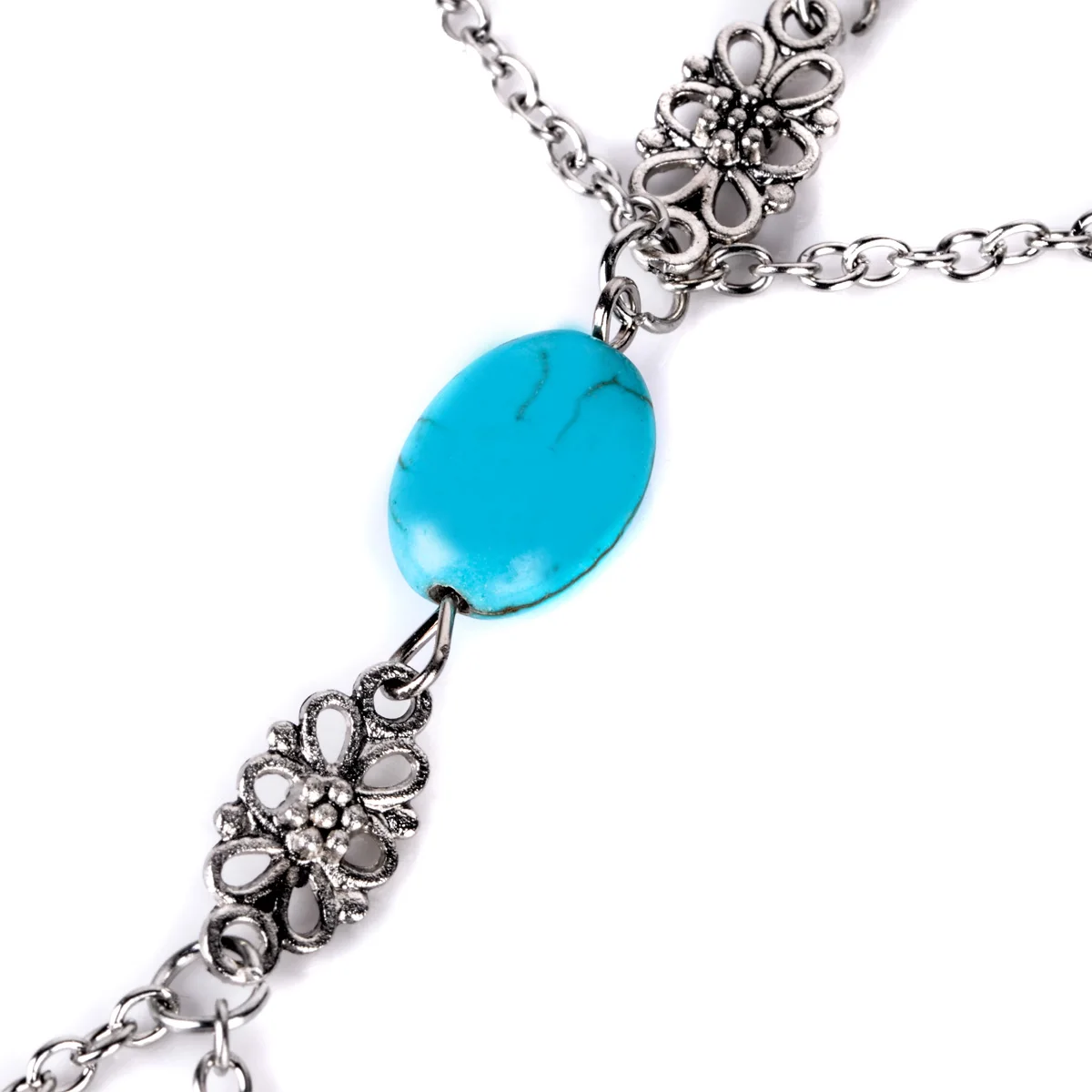 Fashion Chain Bracelet Drop Punk Silver Plated Women Metal Hand Harness Chain Turquoise Beads Slave Finger Ring Boho Jewelry