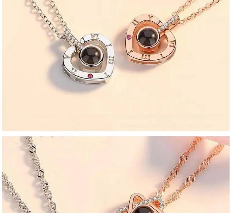 Dropshipping Rose Gold&Silver 100 languages I love you Projection Pendant Necklace Letter Love Memory Wedding Necklace