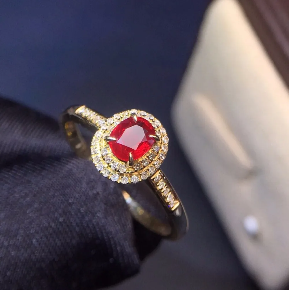 

Fine Jewelry 18K Yellow Gold Real Natural 0.5 Pigeon Blood Red Ruby Diamond Wedding Engagement Female Rings for Women Fine Ring