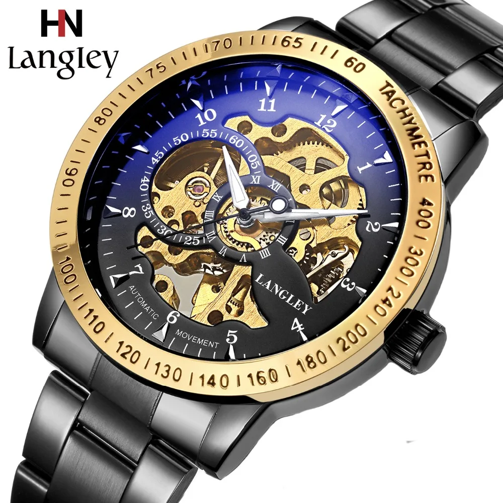 

2018 New Black Watch Men Skeleton Stainless Steel 3 ATM Waterproof Antique Steampunk Automatic Mechanical Men's Watches
