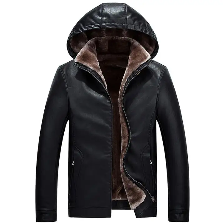 ZOEQO зимняя куртка мужская Толстая кожаная куртка мужская теплая Новая мода PU Шуба с шапкой кожаная куртка Мужская Горячая Распродажа - Цвет: black