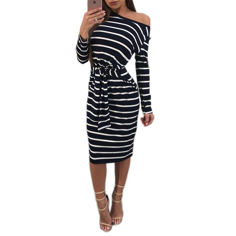 Buy Casual Striped Knee Length Dress Bandage Tie Waist Long Sleeve Body Slim