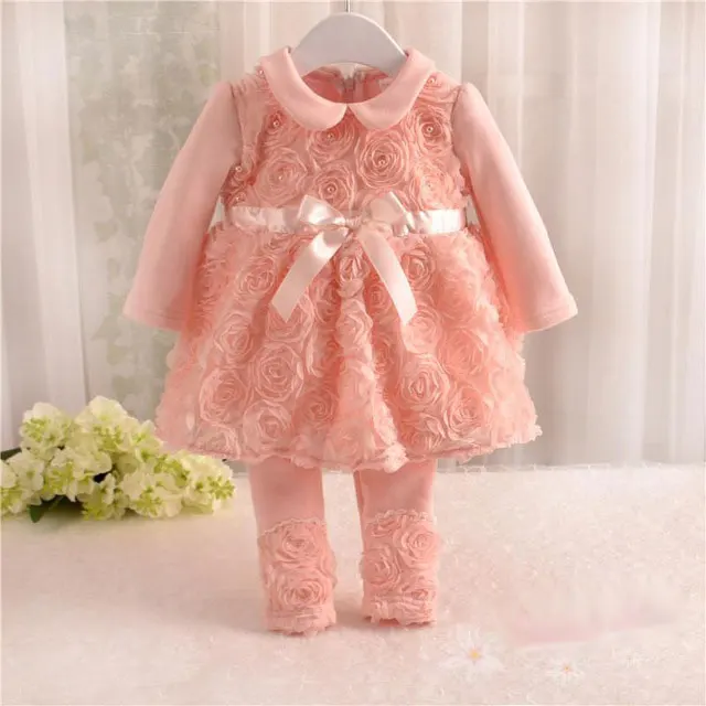 Комплекты для маленьких девочек; зимняя бархатная детская одежда принцессы; костюм для свадебной вечеринки для детей 1 года; платья для дня рождения со штанами - Цвет: Розовый