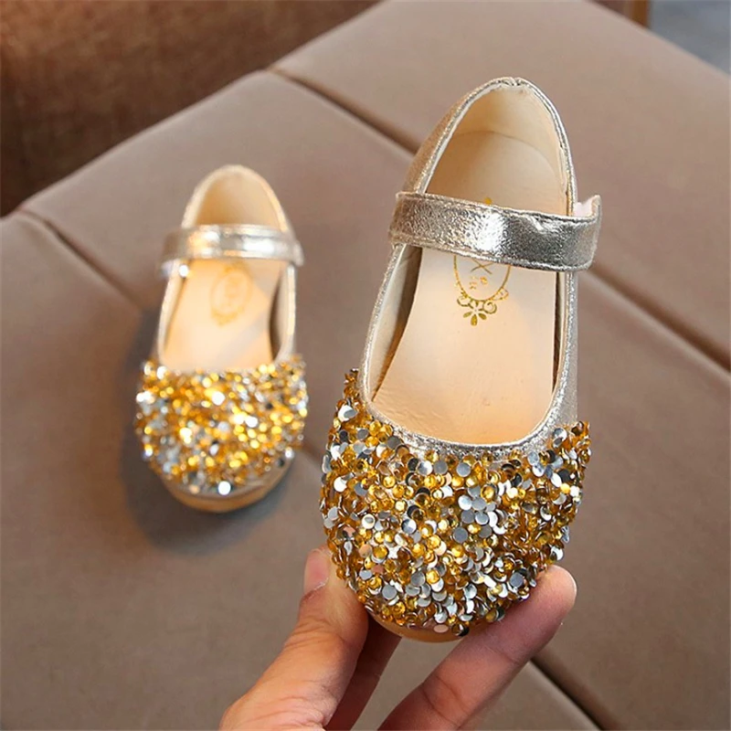 New Fashion Princess Shoes Pink Gold Silver Girls Shoes Glitter Rhinestone Sequins Kids Flats Children Wedding Party Dress