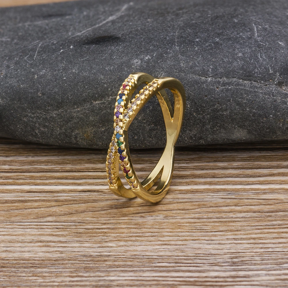 Тренд микро проложить Радуга CZ твист крест обручальное кольцо медь X костяшки кольцо для женщин оригинальные ювелирные изделия