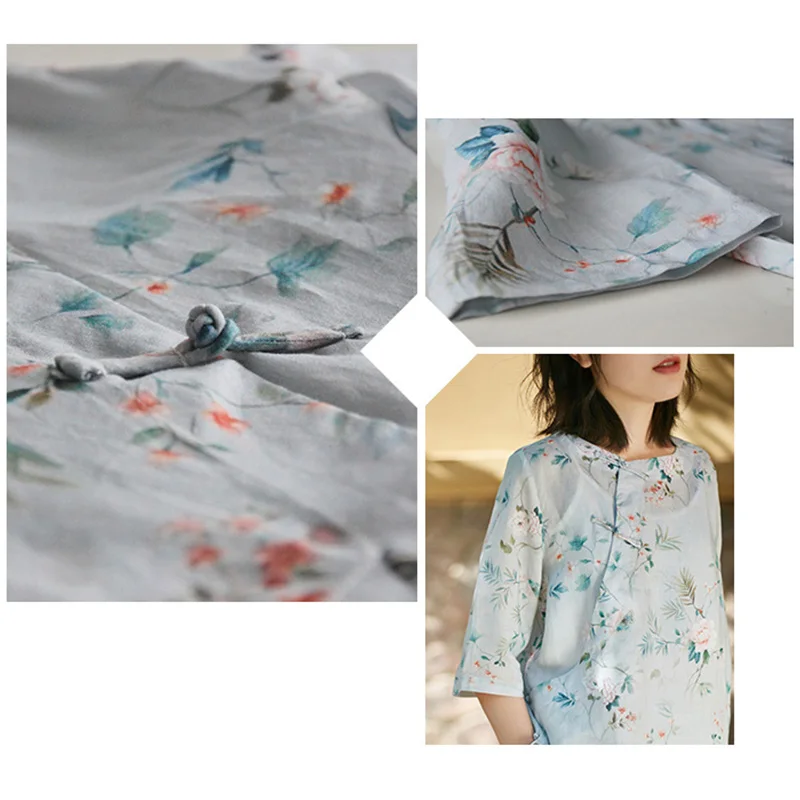 SCUWLINEN, женская летняя блузка, китайский стиль, с принтом, на кнопках, три четверти размера плюс, свободная рубашка рами, KimonoP044