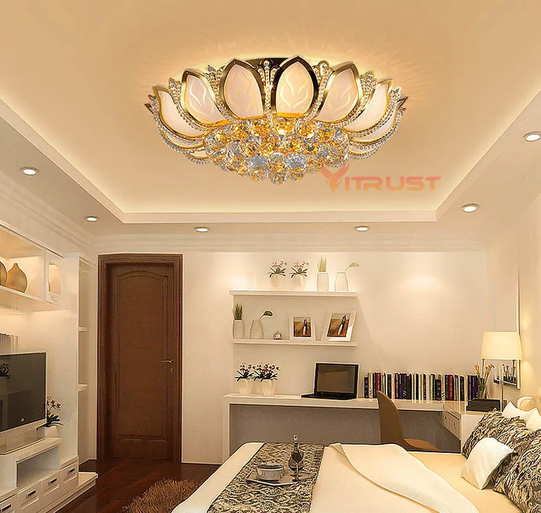 

European Luxury Golden LED crystal Ceiling Light E14 Bulbs Golden Lighting Crystal Circular Living Room Ceiling Lamp