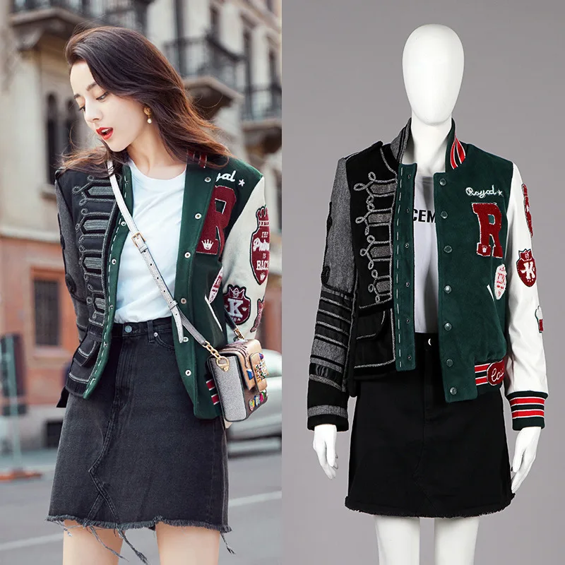 

Spring 2019 New Collision Collage 3 D 3 D Model Jacket 3 - Piece Women Jacket and Coat Mandarin Collar Patchwork Pockets