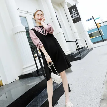 

Maternity Women Long Striped Sleeve Knee Length Patchwork Dresses New Moms A-line Faux 2pcs Pullover Fashion Cute Dresses
