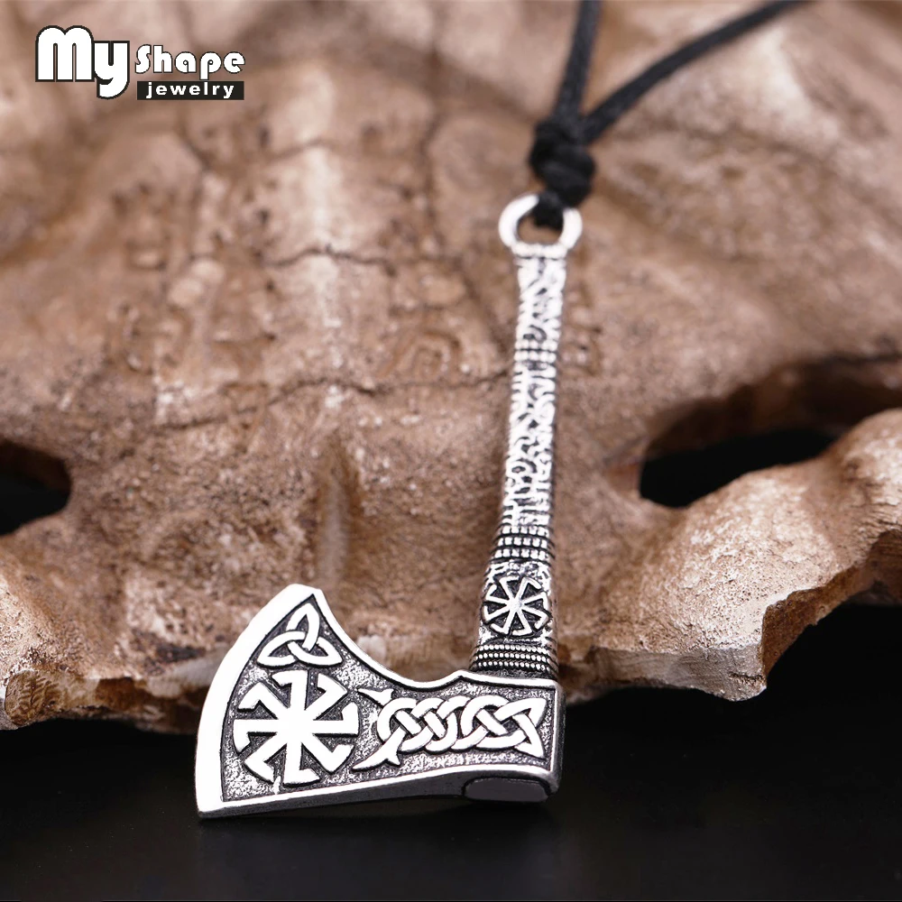 

My shape Talisman Ax Anqitue Silver Gold Sun Wheel Amulet Vintage Knots Viking Axe Pendants Norse Wax Necklace for Men Male