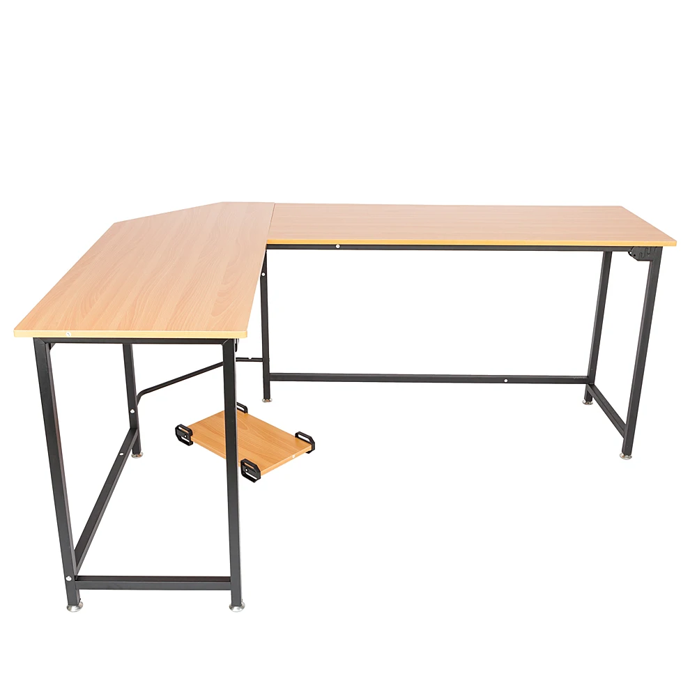 

L-Shaped Desktop Computer Desk Flat Angle PC Table Wood Color Board & Black Metal Legs Dropshipping
