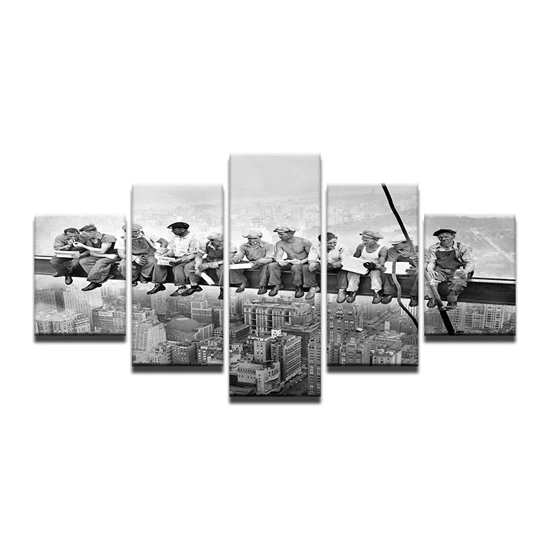 

5 pcs Giclee Landscape Canvas Prints Black And White Vintage Style New York Skyscraper Lunch Workers HD Printed Scenery Painting