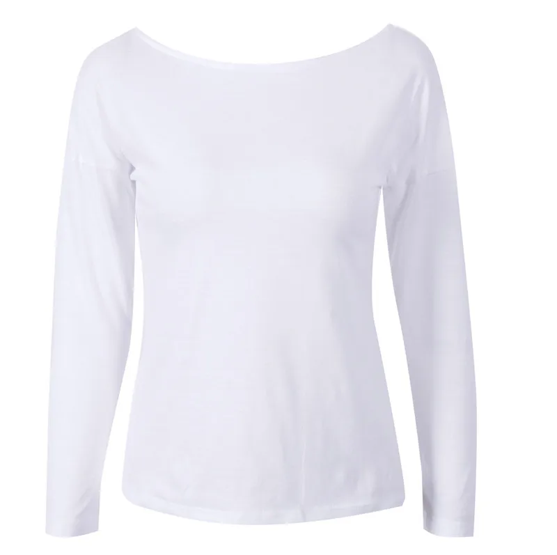 Модная женская Свободная футболка, элегантная открытая спина, открытая женская футболка, хлопковые топы с длинным рукавом, повседневная женская футболка - Цвет: Белый
