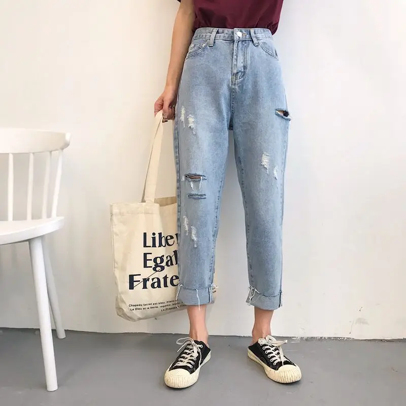

New Summer Jeans Cotton Women 2019 Chic Vintage Irregular Jeans Loose High Waist Harajuku Hole Jeans Female Trousers #1205