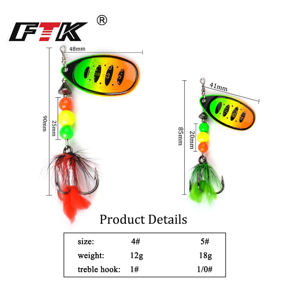 FTK Fishing Lure  Spoon Spinner Bait 1pc 12g 18g Feather Saltwater Lure Accessories Treble Hook Metal Hard Lure Wobblers Tackle