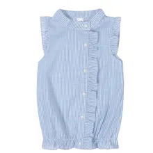 Girls Stripe Shirts Summer Children Cotton Tops Kids Short Sleeve Blouses Teenage Students Blouses 4 8 10 12 14 Years Girls Tops new dew shoulder design clothes the horn sleeve beautiful stripe girls blouses