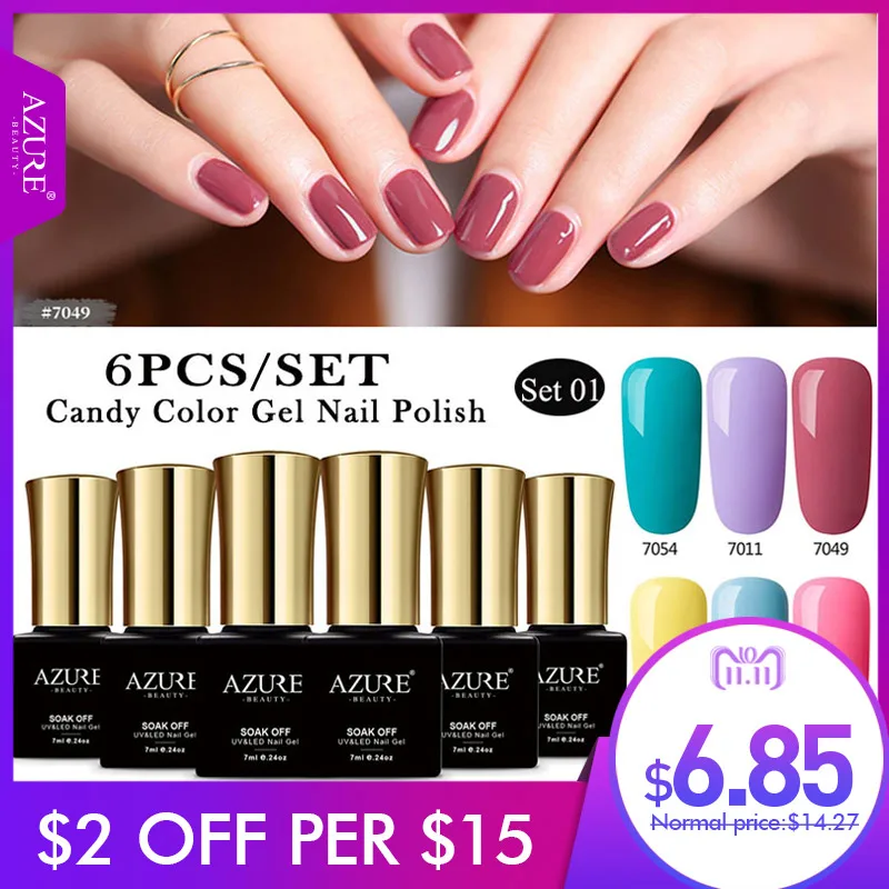 

Azure Beauty 6pcs/lot Gel Polish Candy Sweet Color UV Lamp LED Soak Off Nail gel Lacquer free shipping Nail Art Salon Nail Gel