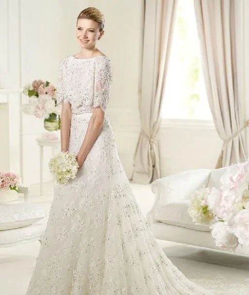

free shipping 2014 new fashion bride vestidos formal cap sleeve luxury beaded sexy design party lace wedding Dresses bridal gown